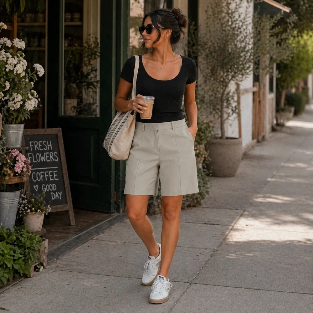 Paire LA Beige High Rise Bermuda Shorts Italian Fabric Women XL Made in USA